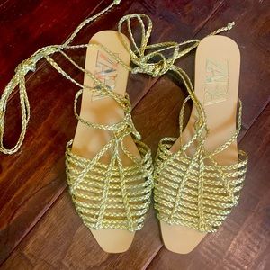 Zara Gold lace up flat sandals